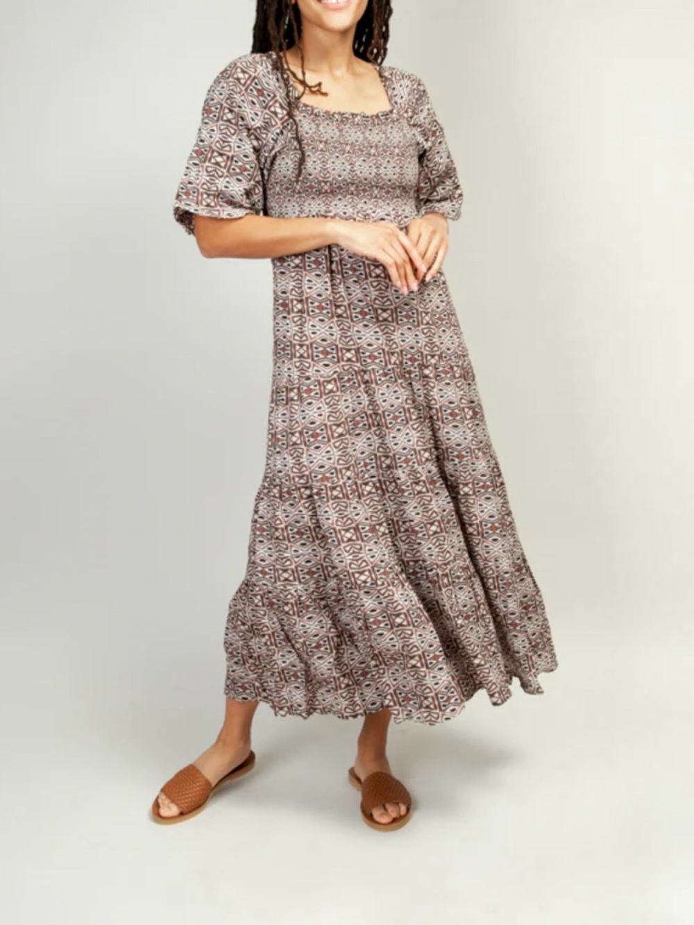 Noonday Collection Brown Tile-Print Midi Dress
